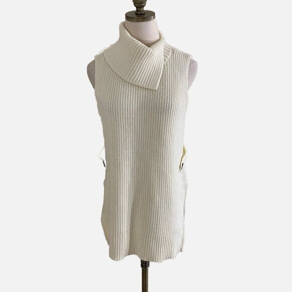 Anthro Cream Chunky Knit Sleeveless Sweater Tunic Women's Size Small Turtleneck - Picture 2 of 9